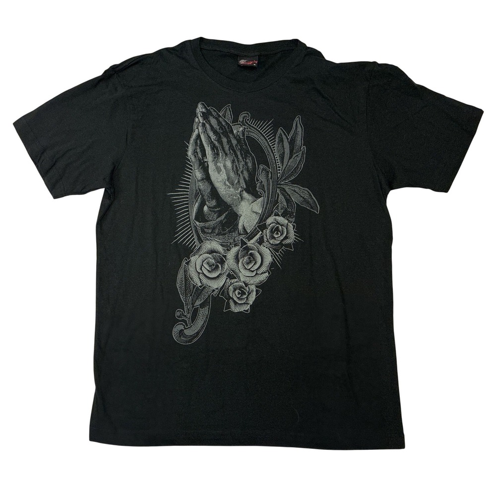 Rock Steady Clothing Mens XL Black Praying Hands Roses Graphic T-Shirt RS10071